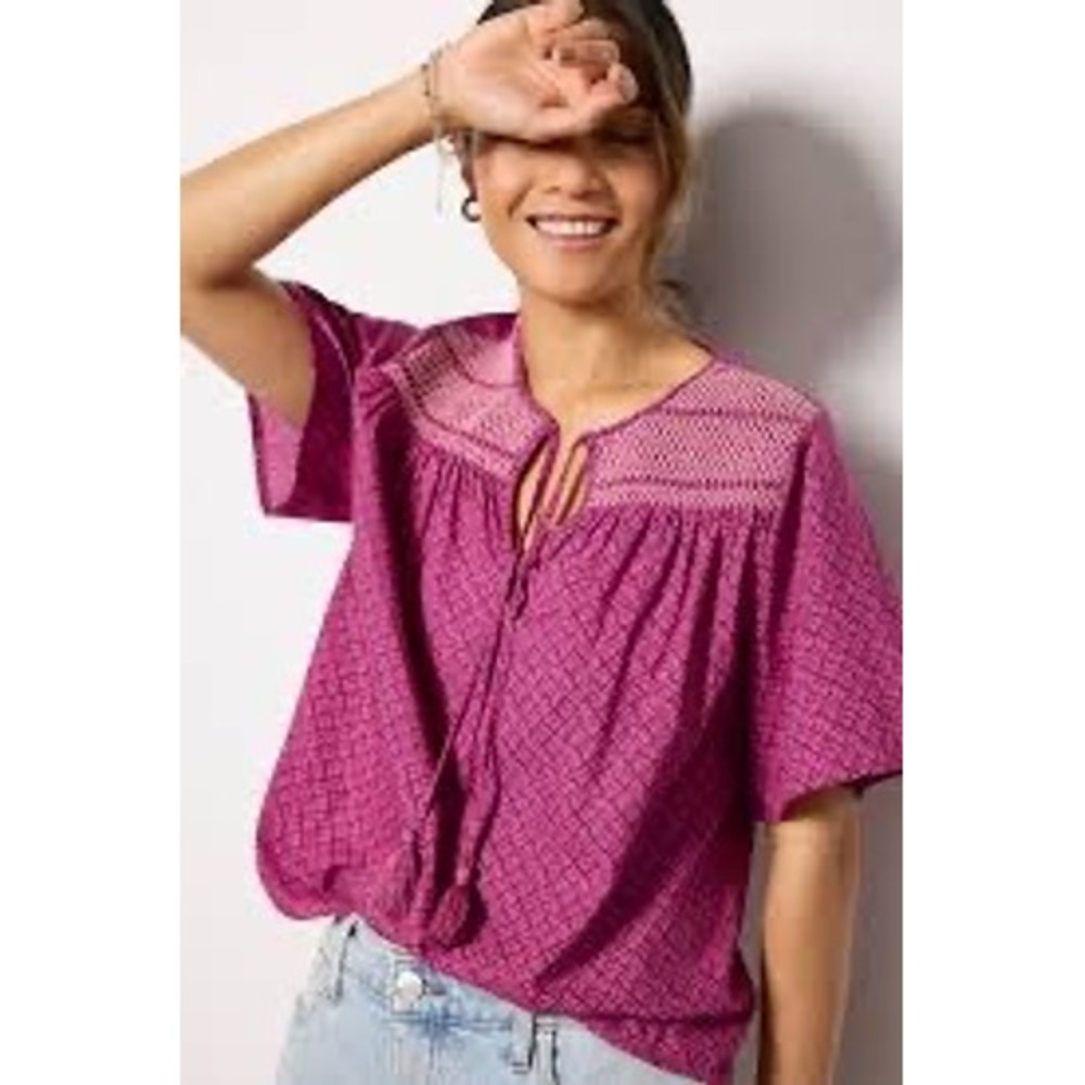 Evereve Fuchsia Patterned Short Sleeve Peasant Blouse